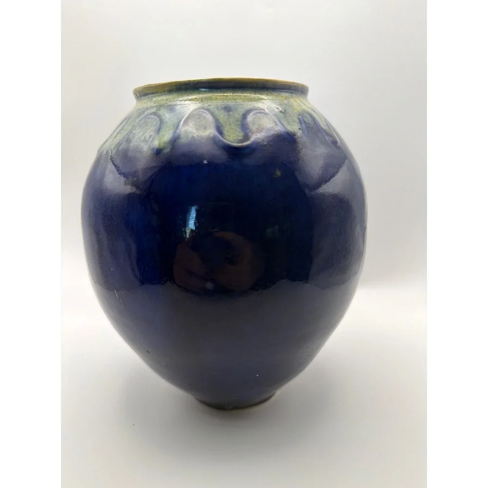 M Lee Signed Studio Pottery Vase Cobalt Blue Drip Glaze Round Ceramic 6.5 Inch